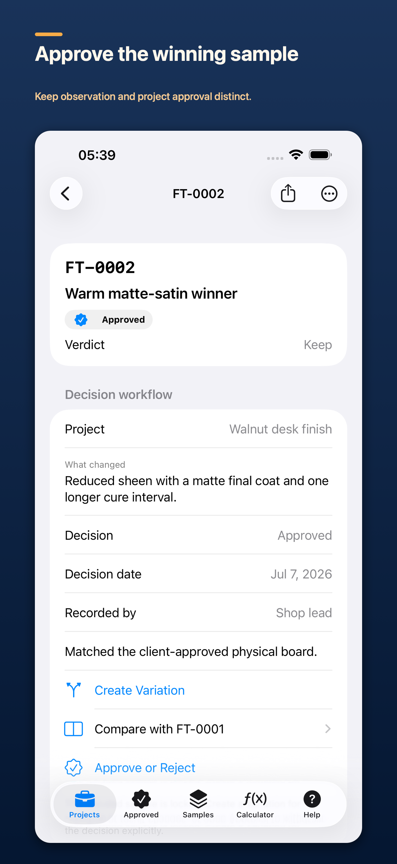 FinishTrace approved-sample screen showing FT-0002 as the physical winner with its recorded decision details.