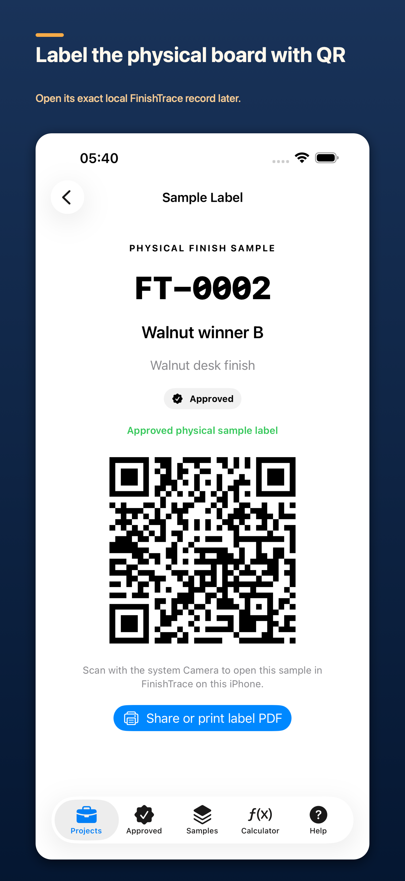 FinishTrace sample-label screen showing the approved FT-0002 code, project name, QR code, and print or share action.