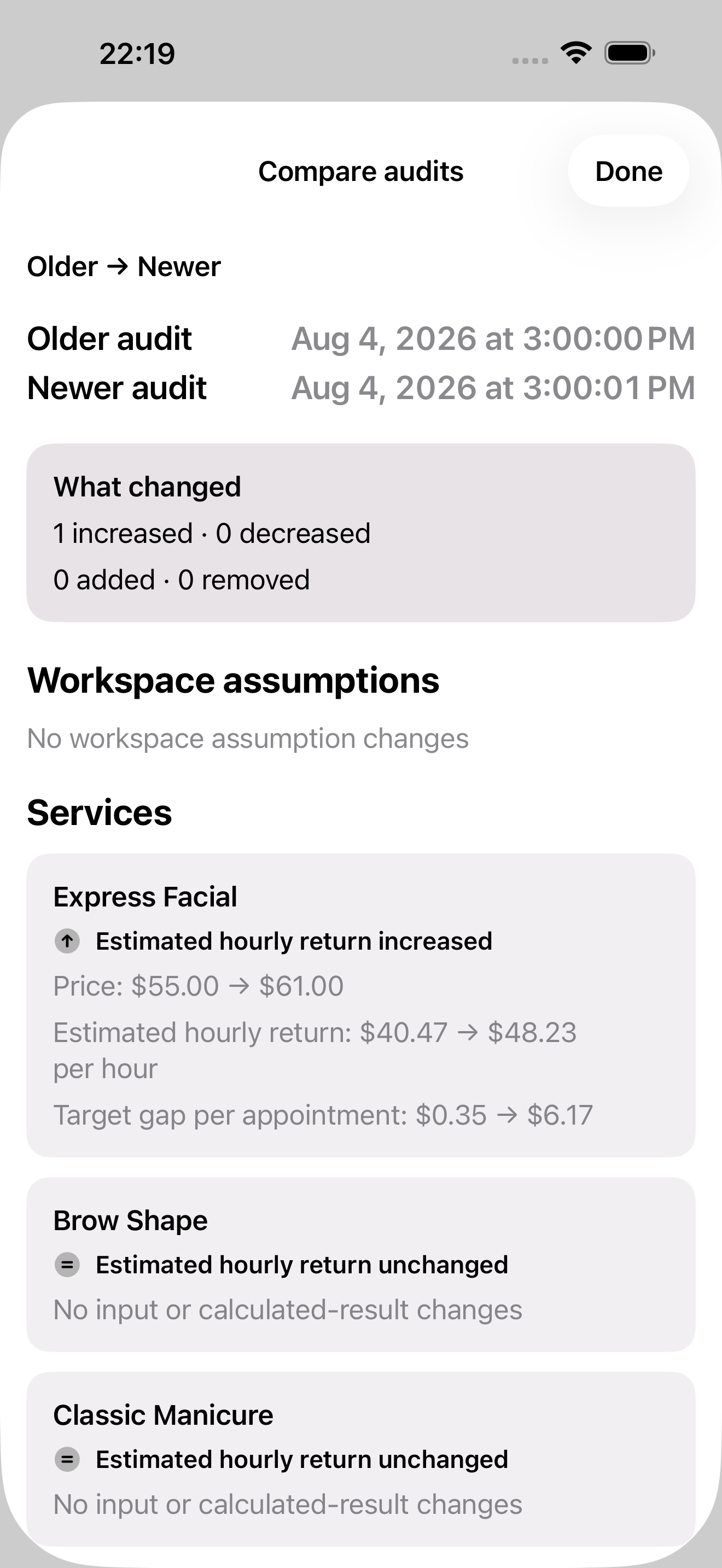 Marginelle immutable before-and-after audit pair created from confirmed menu changes