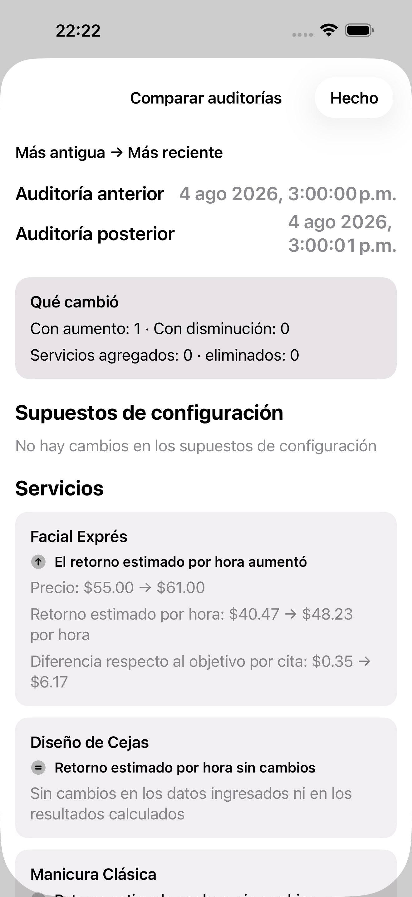 Par inmutable de auditorías antes y después creado por los cambios de precio confirmados en Marginelle