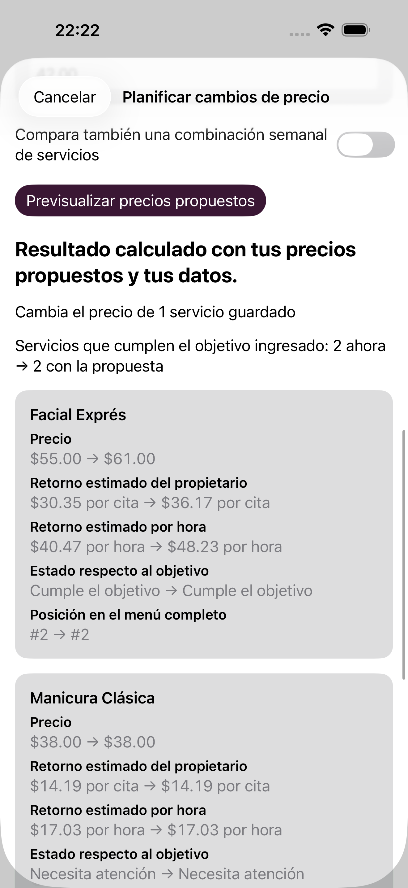 Plan de cambios de precio de Marginelle que previsualiza precios ingresados y diferencias antes de confirmar