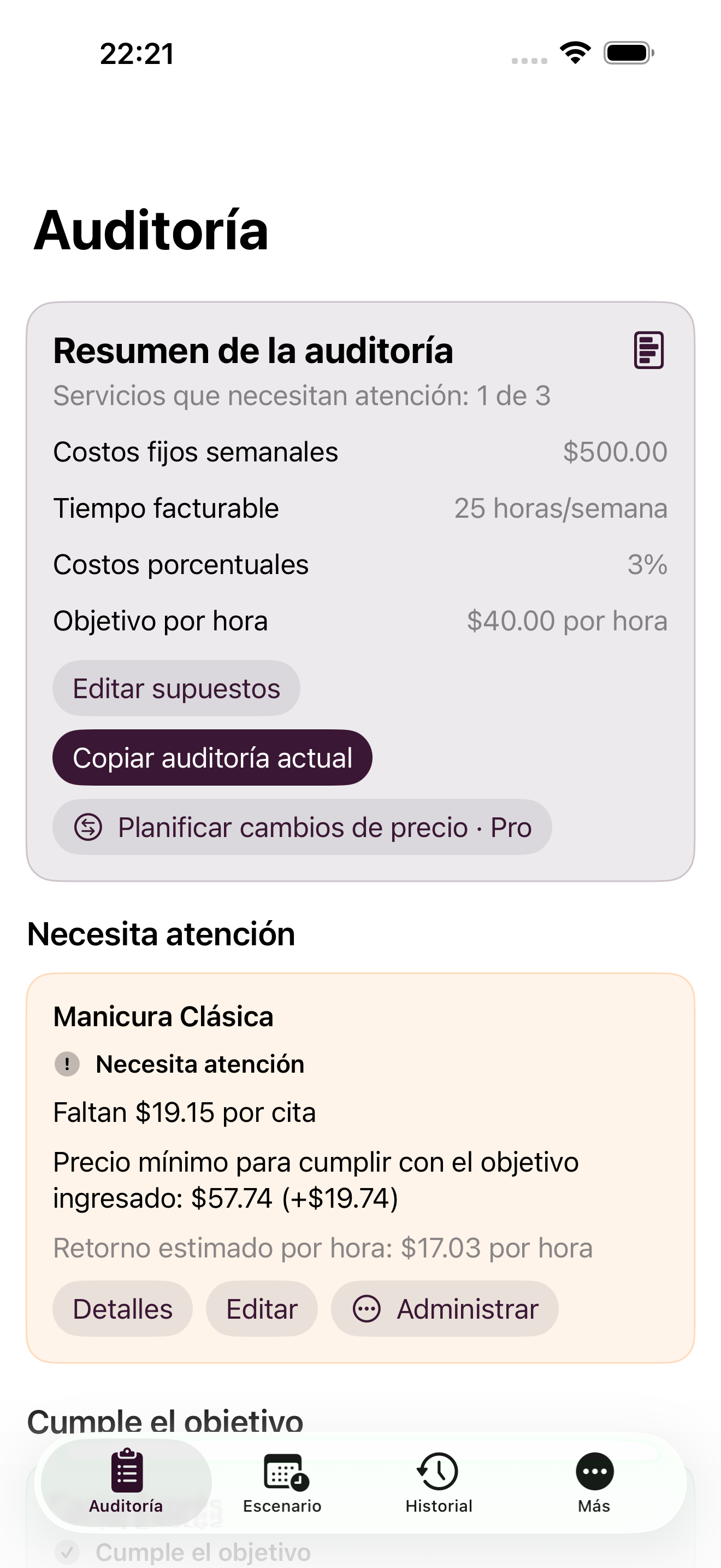 Pantalla Auditoría de Marginelle que ordena tres servicios guardados según el objetivo por hora ingresado
