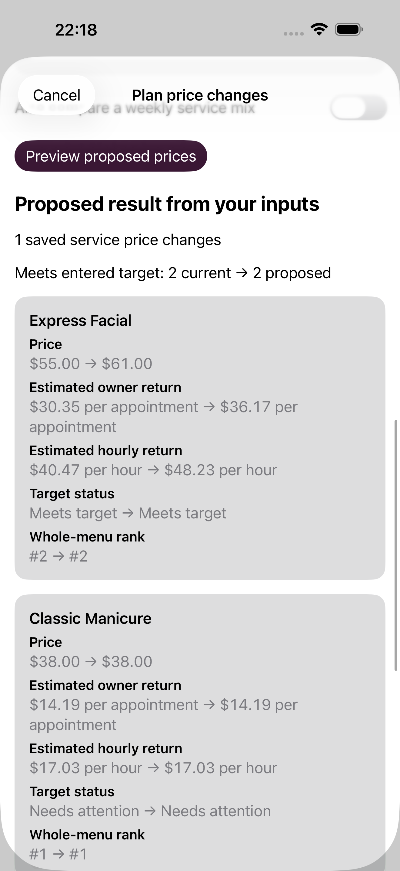 Marginelle Menu Change Plan previewing user-entered price changes and target gaps before confirmation