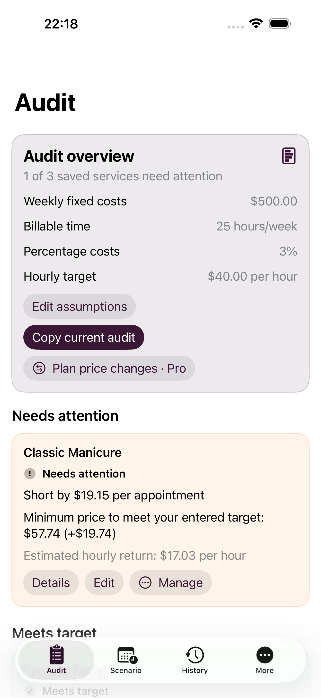 Marginelle Audit screen ranking three saved beauty services against the entered hourly target
