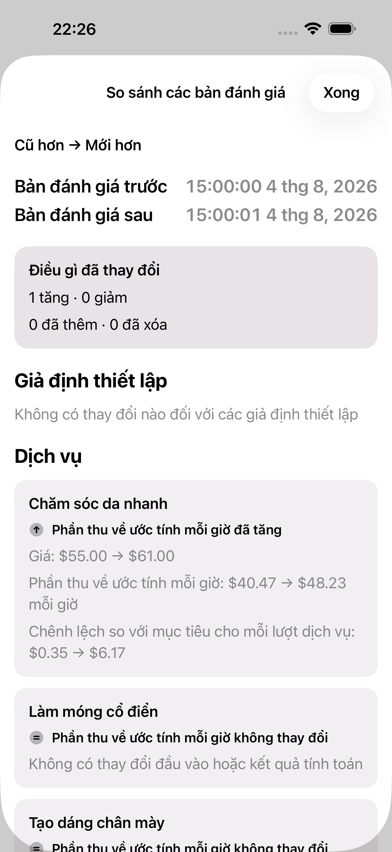 Cặp bản đánh giá trước–sau không thể chỉnh sửa được tạo từ các thay đổi giá đã xác nhận trong Marginelle