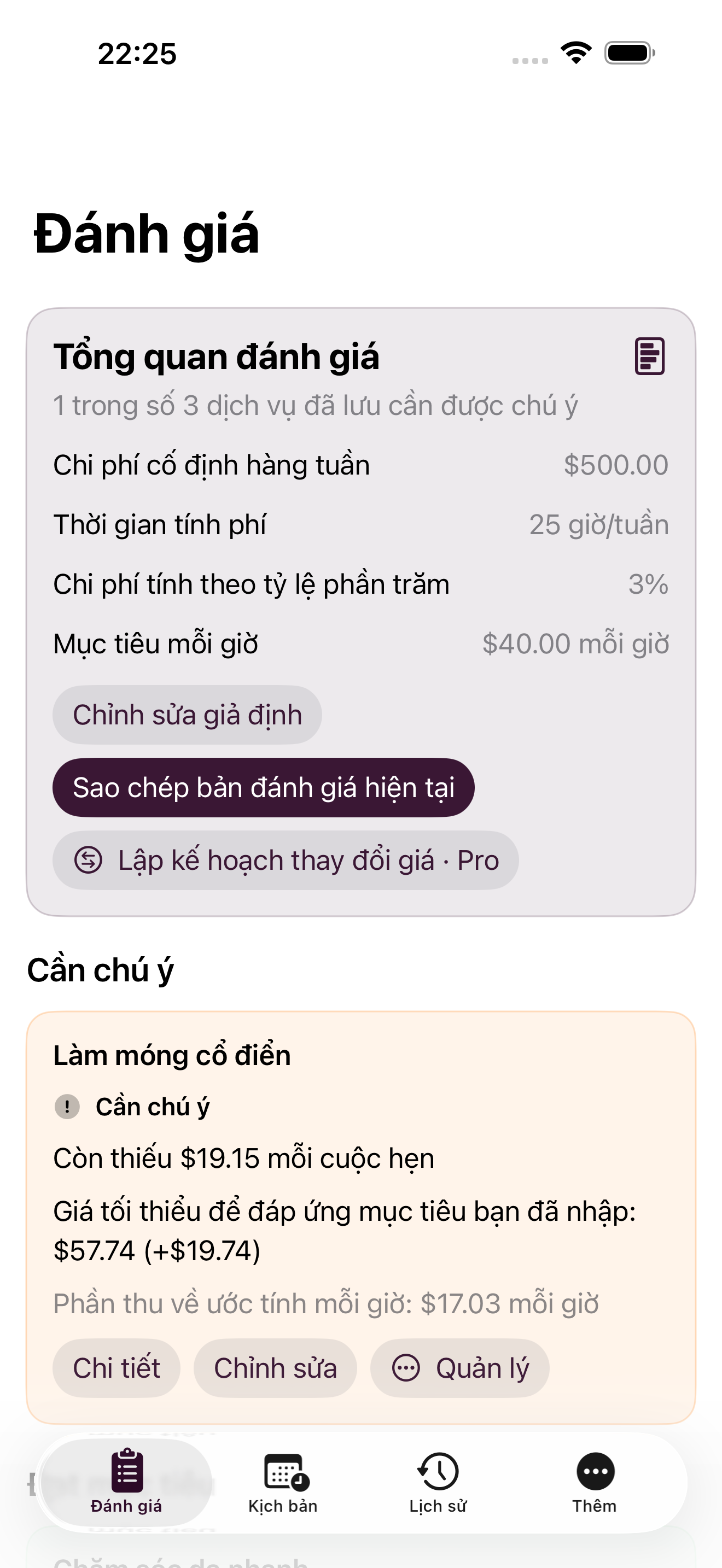 Màn hình Đánh giá Marginelle bằng tiếng Việt xếp hạng ba dịch vụ đã lưu theo mục tiêu mỗi giờ